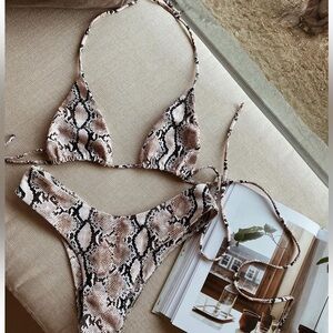 Snake Print Triangle Bikini Set - Brown/Black